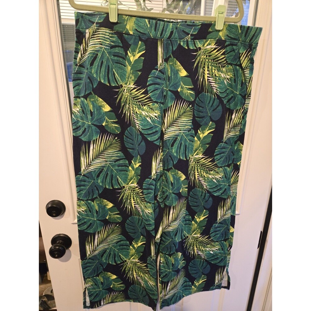 Denim & Co Beach Pull-On Wide Leg Pants Tropical palm leaf print Women's 1X